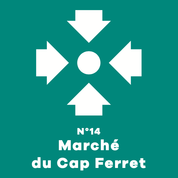 Pictogramme qui mentionne un des points de rassemblement : Marché du Cap Ferret.