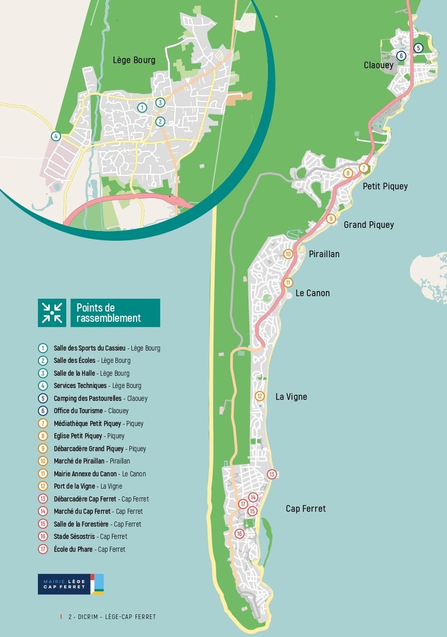 Carte extraite du DICRIM qui reprend la localisation des points de rassemblement.